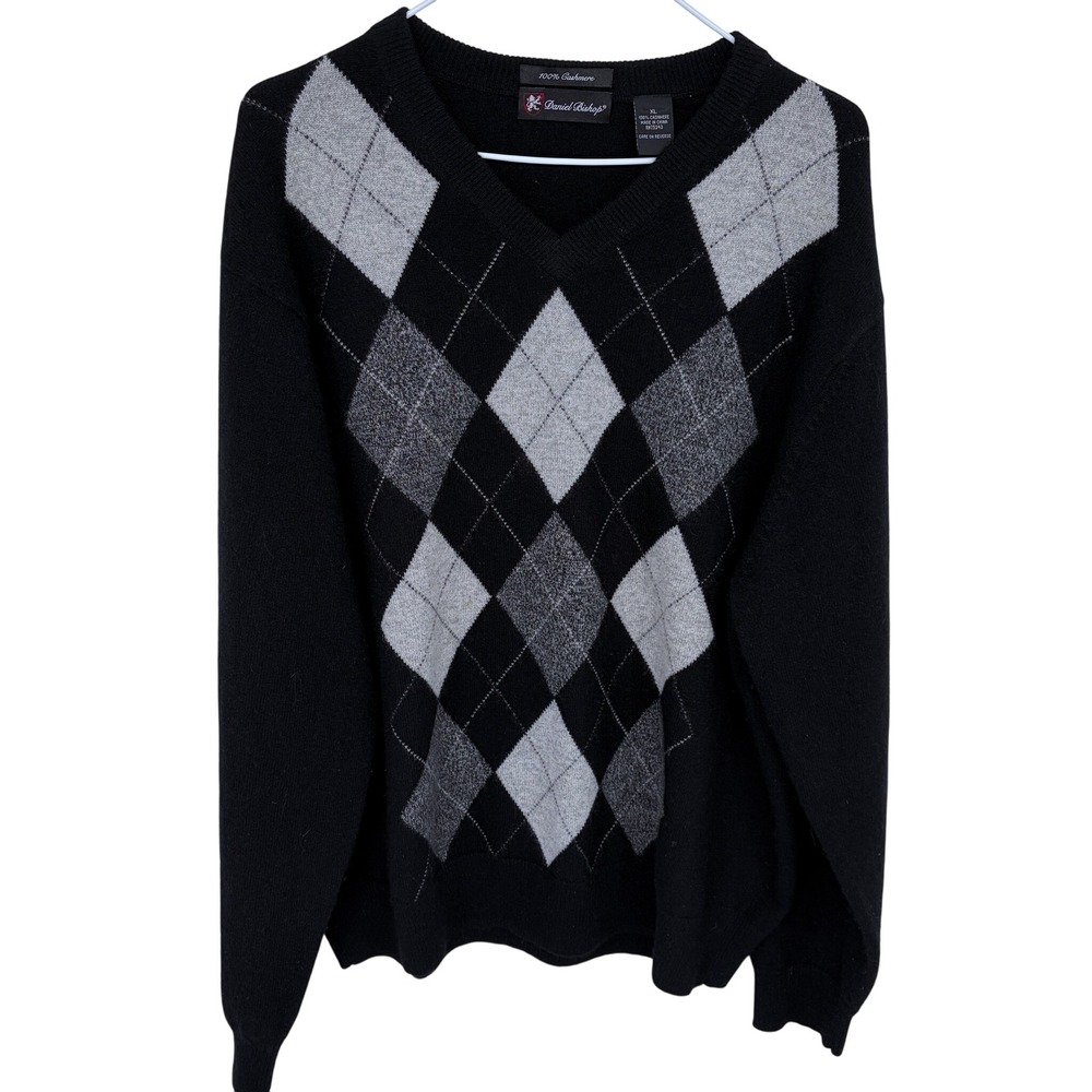Daniel Bishop Argyle 100% Cashmere V-Neck Sweater XL Mens Black Gray‎ Knit